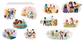 Illustrations of diverse families celebrating Kwanzaa with traditions, unity, and shared moments in various home settings.