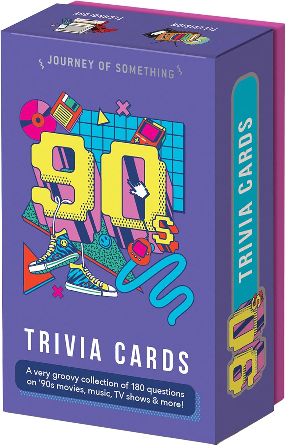Colorful 90s-themed trivia card game box with retro icons and text highlighting 180 questions on movies, music, and TV shows