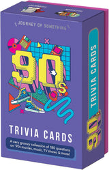 Colorful 90s-themed trivia card game box with retro icons and text highlighting 180 questions on movies, music, and TV shows