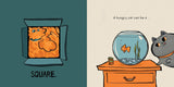 Cat Shapes illustrated book spread showing a cat in a square and another cat watching a fishbowl