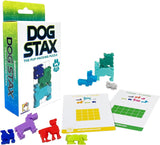 Dog Stax puzzle game with colorful dog-shaped pieces and challenge cards for stacking and fitting puzzles.