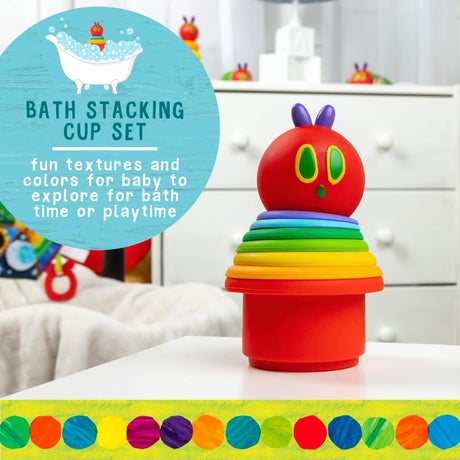 The Very Hungry Caterpillar Bath Stacking Cups with colorful silicone cups and squirting caterpillar head for bath and playtime fun.