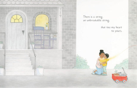 Illustration of a parent hugging child outside a home with text about an unbreakable heart string tying them together