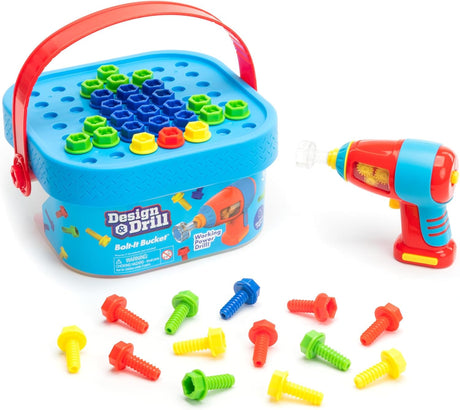 Colorful Design & Drill Bolt-It Bucket with kid-sized drill, 52 bolts, and activity board for creative building play.