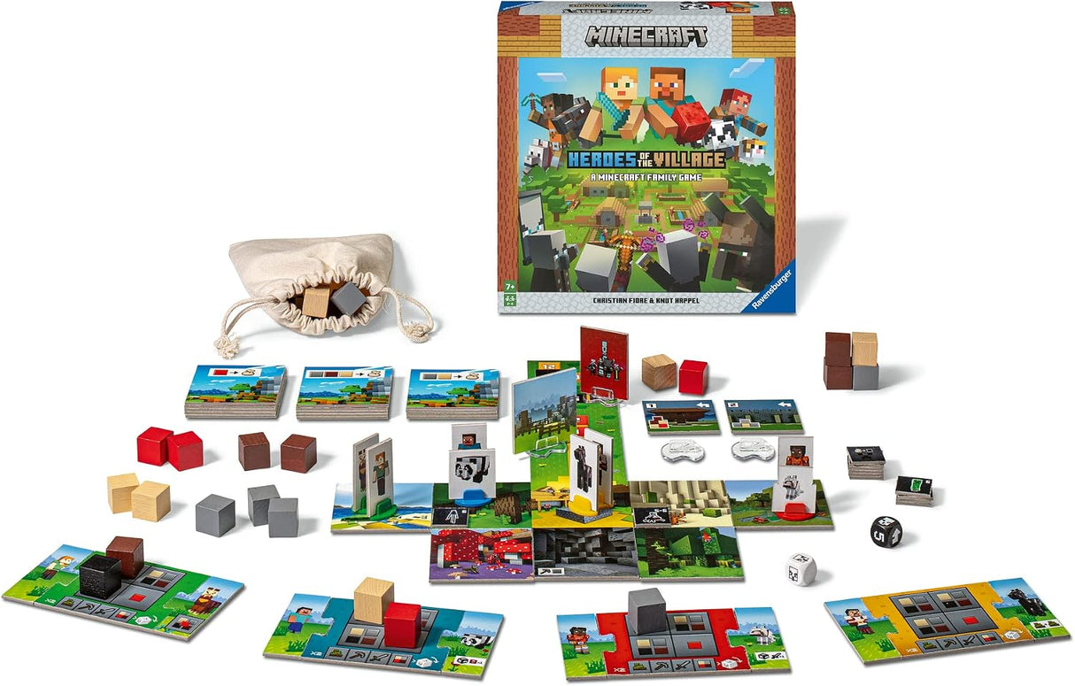 Minecraft: Heroes of the Village board game with cards tiles dice and colorful game pieces
