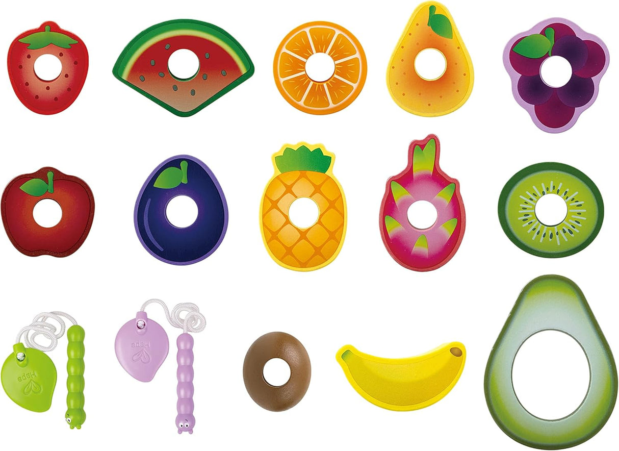Colorful fruit-shaped beads and caterpillar segments designed for threading and creative play in a snack-themed set.