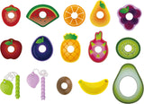 Colorful fruit-shaped beads and caterpillar segments designed for threading and creative play in a snack-themed set.