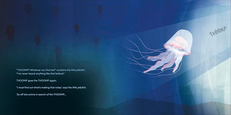 A glowing jellyfish swims toward a beam of light while curious sea creatures listen to a mysterious heartbeat sound.