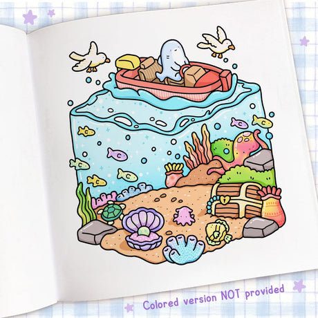 Cozy Corner Coloring Book page showing a cute underwater scene with a seal, fish, and treasure chest.