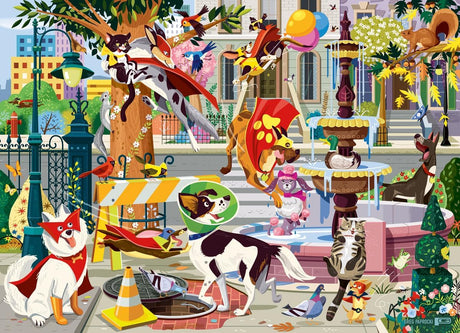 60pc Super Dogs to the Rescue Puzzle showing heroic dogs saving pets and preventing accidents in a lively urban park scene.