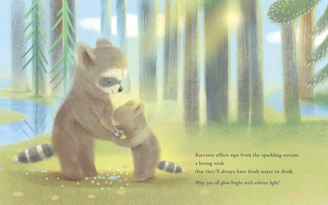 Illustration of raccoon parent and child by stream in forest for Summer a Solstice Story children’s book.