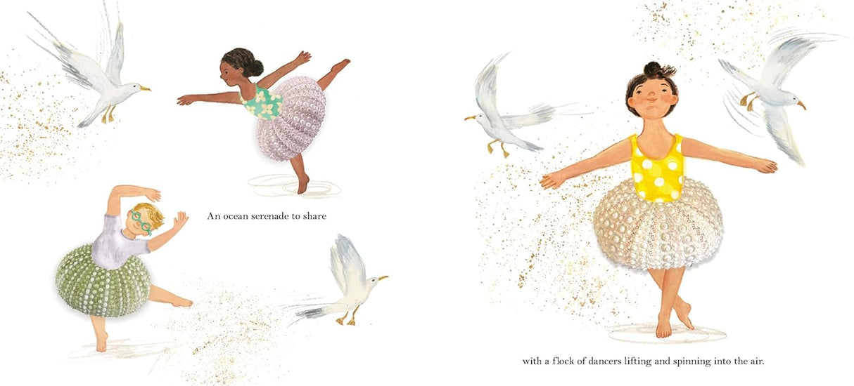 Illustration from If You Spot a Shell showing children dancing joyfully among seagulls in shell-inspired skirts.