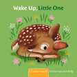 Illustration of a cozy sleeping fawn surrounded by flowers on a green background with the text Wake Up Little One