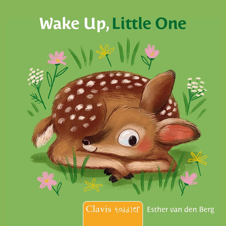 Illustration of a cozy sleeping fawn surrounded by flowers on a green background with the text Wake Up Little One
