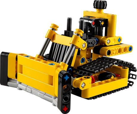 LEGO Technic Heavy-Duty Bulldozer toy set in yellow with movable blade and realistic tracks for kids aged 7+
