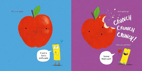 Pages from The Wrong Book showing a smiling apple and a bite taken, with colorful, playful illustrations for kids.