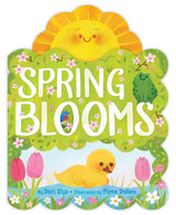 Spring Blooms board book cover with smiling sun, duckling, frogs, flowers, and bright spring colors for toddlers.