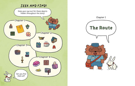 Illustration of a bear mail carrier and rabbit with a seek-and-find game featuring objects to spot across four chapters.