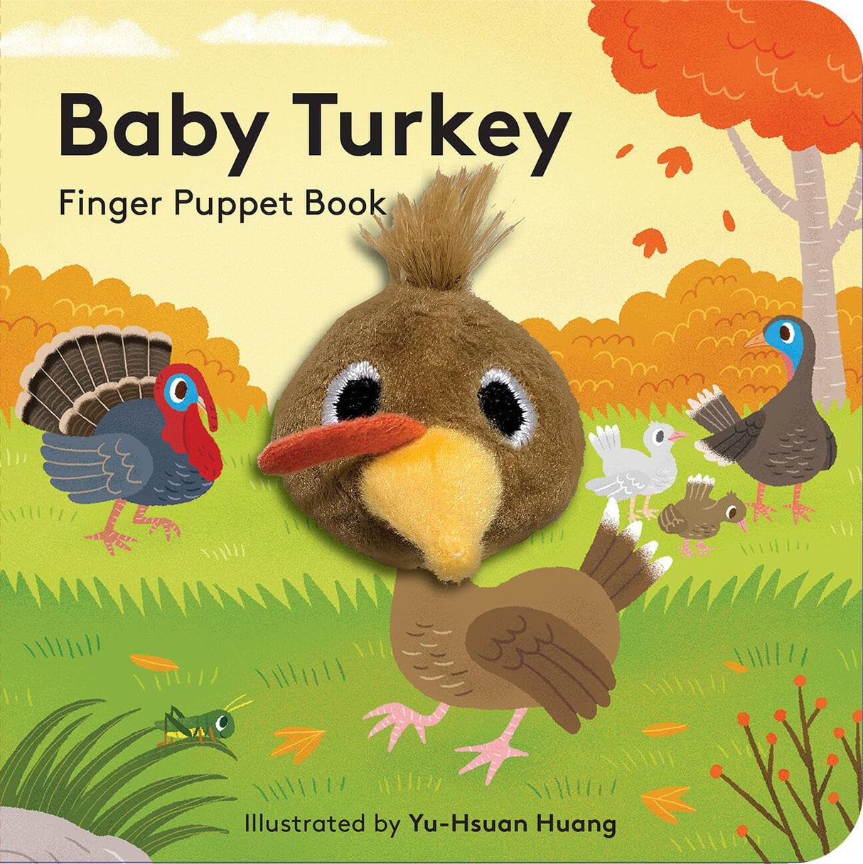 Cover of Baby Turkey finger puppet book featuring a plush turkey puppet and colorful illustrated turkeys in a fall setting