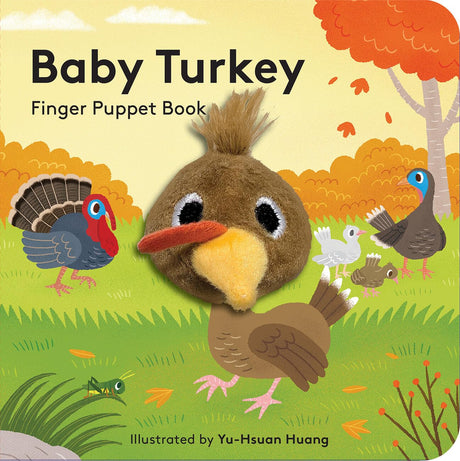 Cover of Baby Turkey finger puppet book featuring a plush turkey puppet and colorful illustrated turkeys in a fall setting