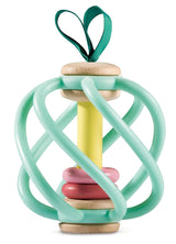 Teal and yellow apple grab toy with smooth wood and soft silicone bars designed for babies to chew and hold easily