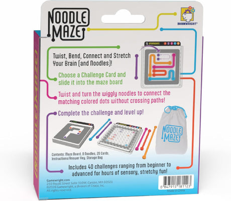 Noodle Maze game packaging with colorful noodle paths and challenge cards for hands on brain building play