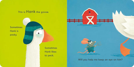 Hank Goes Peck board book showing Hank the goose wearing a hat and a mouse with a pitchfork near a red barn.