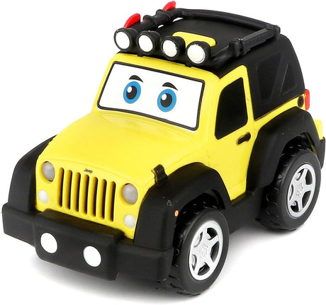 Yellow toy Jeep Wrangler with friendly eyes, headlights, and engine sounds for children aged 1 and up