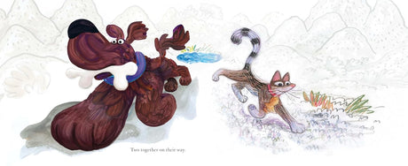 Illustration of a playful dog and cat exploring nature together from the book Two Together.