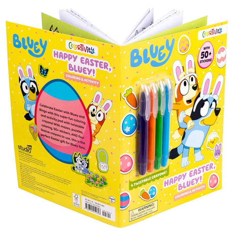 Colortivity: Happy Easter Bluey! coloring and activity pad with crayons, stickers, puzzles, and festive Easter designs.