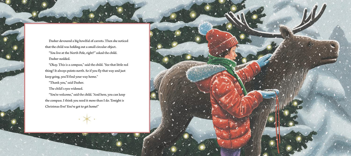 Child in red winter clothes holding glowing compass while standing next to reindeer in snowy forest at night