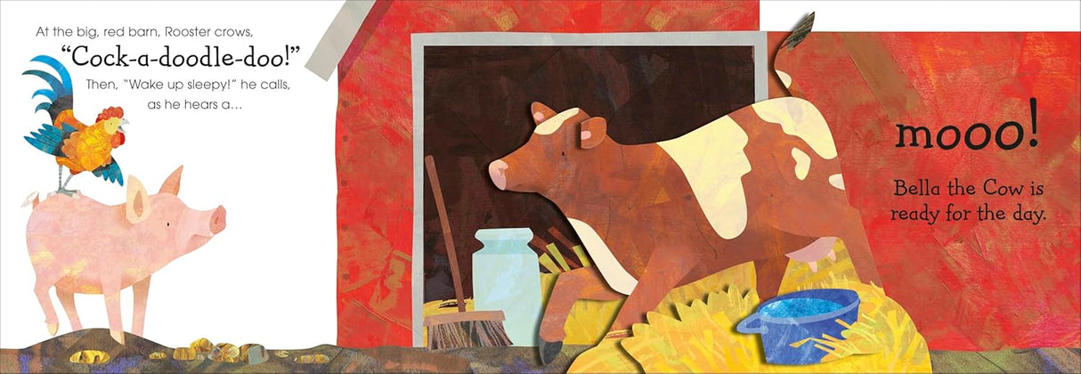 Open farm pop-up book page with rooster, pig, cow, and colorful morning barnyard scene