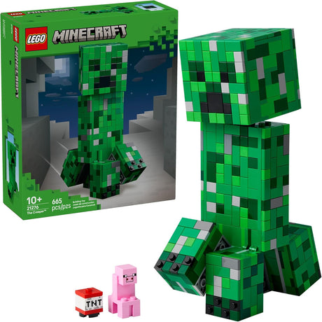 Buildable Minecraft Creeper figure with posable legs and head, plus a hidden minifigure and TNT element included