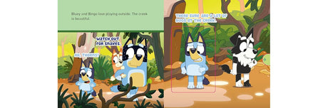 Bluey and Bingo's Book of Bugs showing interactive outdoor scenes with Bluey and Bingo exploring nature and bugs.