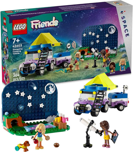 LEGO Friends stargazing camping vehicle with tent, telescope, mini-dolls, dog, hedgehog, and starry backdrop playset.