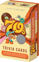 Colorful 70s-themed trivia card game box featuring retro patterns, disco ball, vinyl record, and a dancing figure in platform shoes.