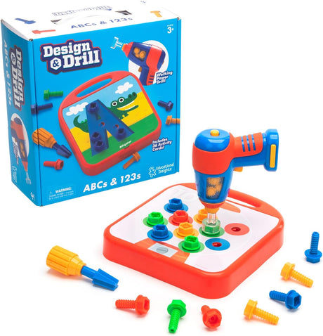 Children’s toy drill set with colorful bolts and perforated board for learning letters and numbers through play