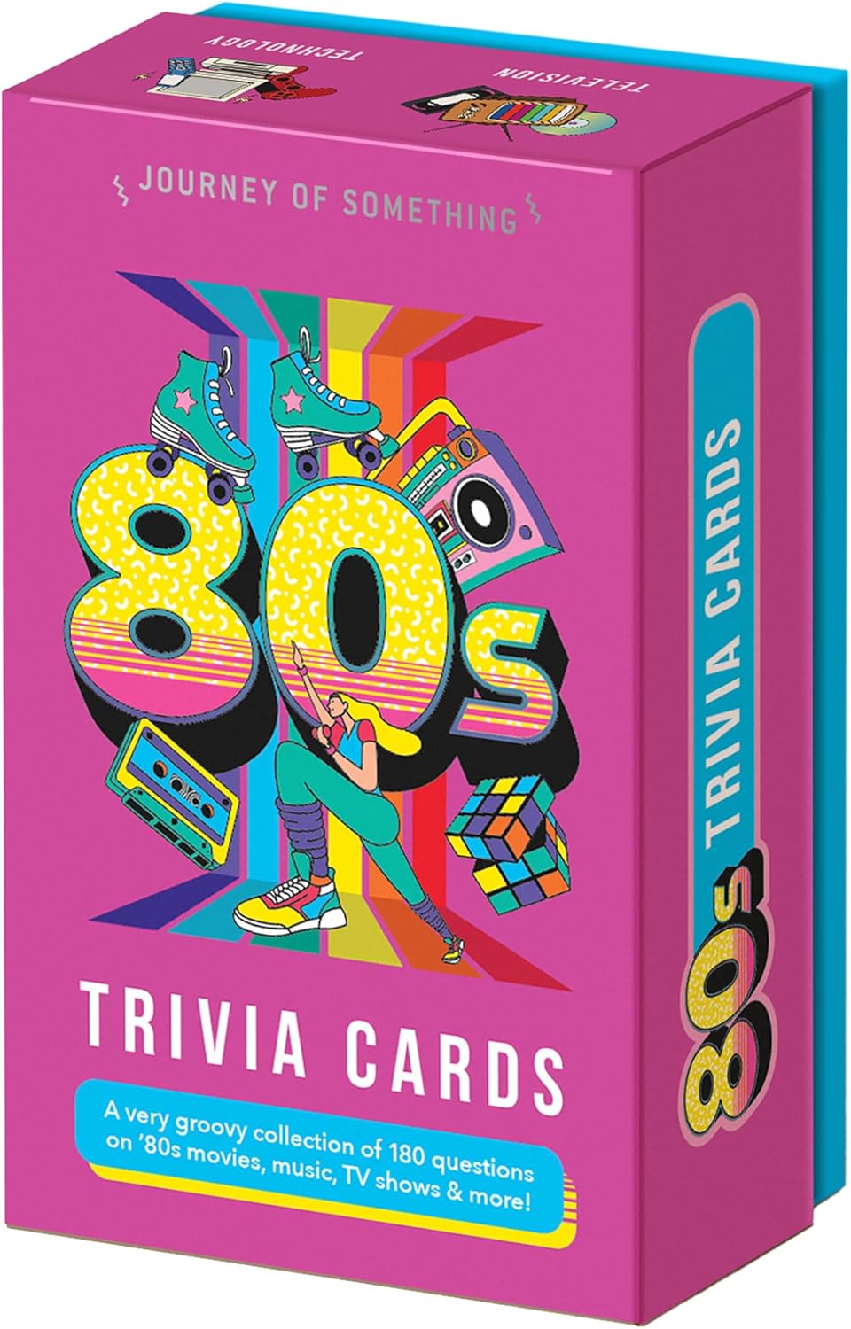 Box of colorful 80s trivia cards featuring roller skates, cassette tape, boombox, and Rubik’s cube illustrations