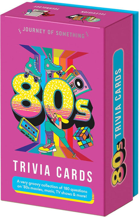 Box of colorful 80s trivia cards featuring roller skates, cassette tape, boombox, and Rubik’s cube illustrations