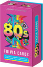 Box of colorful 80s trivia cards featuring roller skates, cassette tape, boombox, and Rubik’s cube illustrations