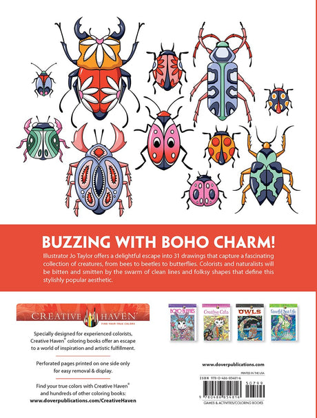 Boho Bugs Coloring Book featuring charming colorful bug illustrations with clean lines and bohemian style shapes.