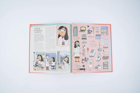 Life Savers book showing a cancer research scientist and detailed medical equipment illustrations inside.