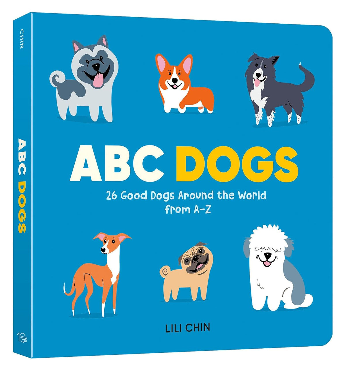 ABC Dogs illustrated book cover featuring six colorful cartoon dogs and alphabet learning text