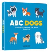 ABC Dogs illustrated book cover featuring six colorful cartoon dogs and alphabet learning text