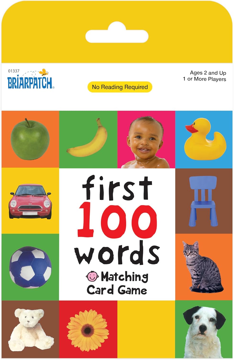 First 100 Words Matching Card Game with colorful images of apple banana baby duck car ball cat bear flower and puppy