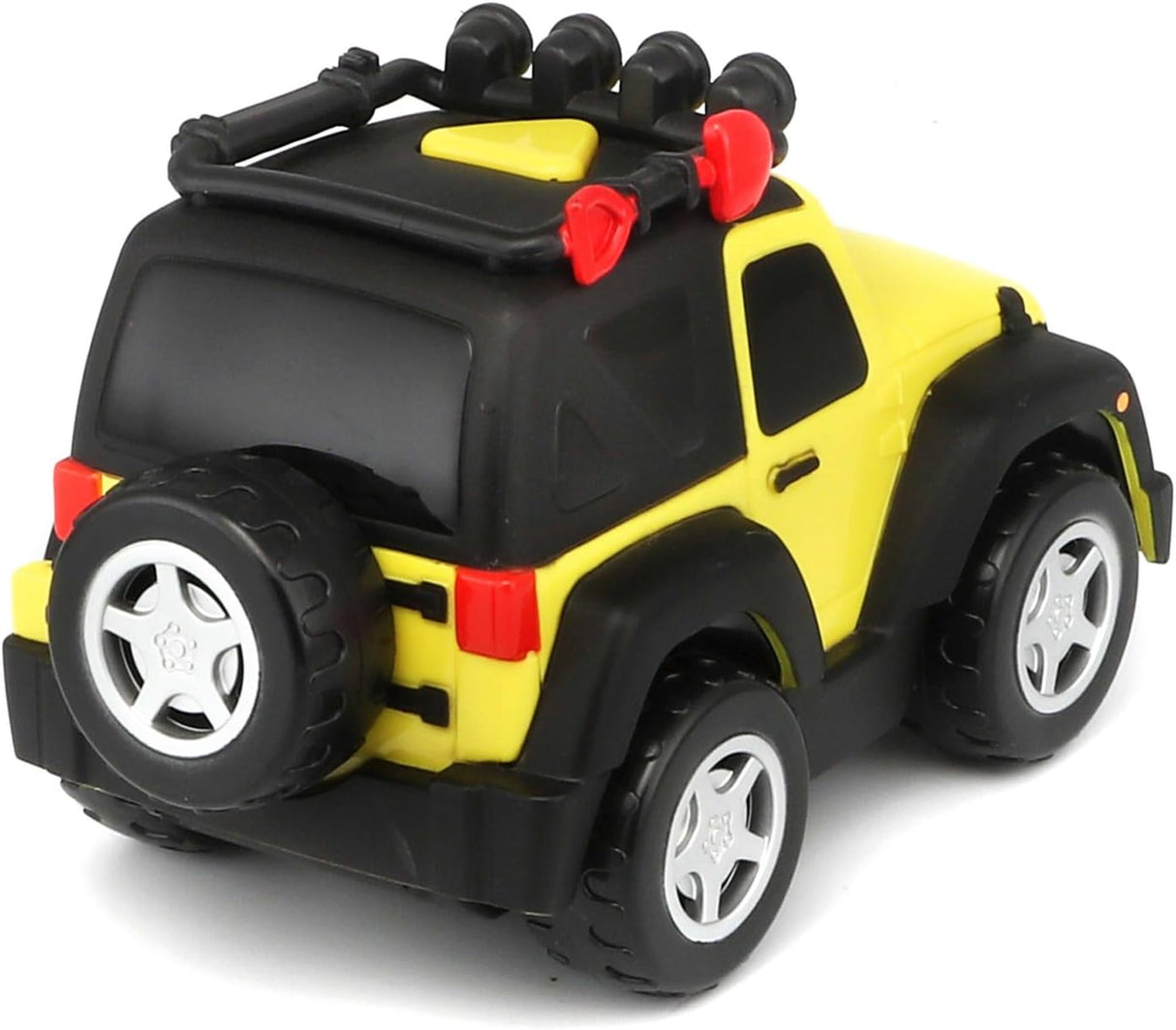Yellow and black toy jeep with roof lights and spare tire, designed for kids to activate headlights and engine sounds.