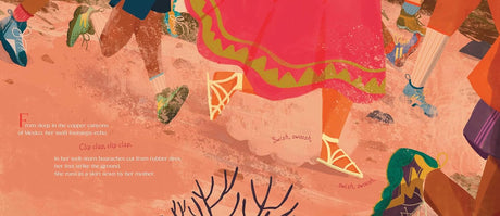 Illustration from Daughter of the Light-Footed People showing runners' feet with traditional skirts and sandals on dusty trail.