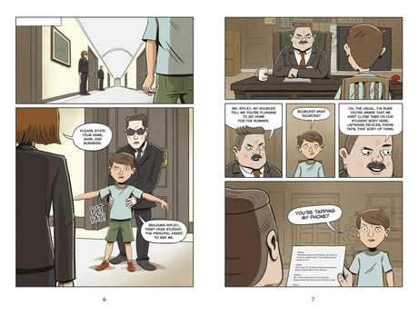 Pages from Spy Camp the Graphic Novel showing young spy Ben Ripley in secret agent training and interrogation scenes.