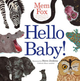 Cover of Hello Baby! featuring illustrated baby animals like a zebra, owl, elephant, and frog in a friendly design.