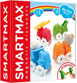 Colorful plastic toy vehicles in red, green, blue, and orange designed for toddlers aged 1 to 5 years